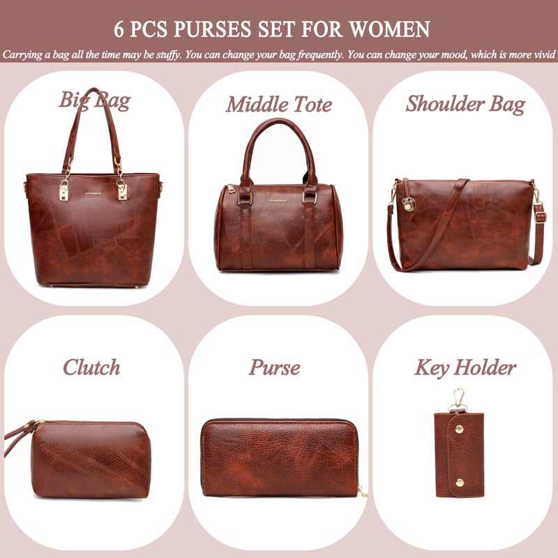 2E-youth Women Designer Purses And Handbags Set Satchel Shoulder Bags Tote Bags 6pcs Wallets (brown) - Image 2